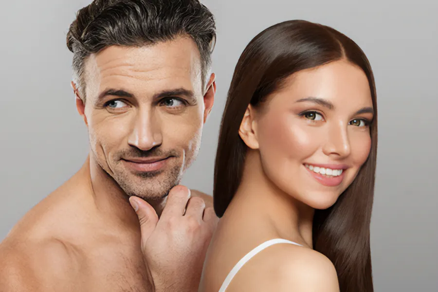 A handsome man and beautiful brunette woman stand against a gray background showing their smooth beautiful skin resulting from aesthetic and cosmetic care from Dr. Hadi Michael Rassael at Millennium Wellness in Bethesda-Chevy Chase.