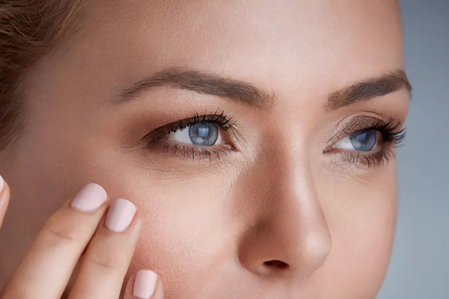 Close up of a woman touching her face near her eyes. Get Blepharoplasty for Eyelid Contouring from Dr. Hadi Michael Rassael at Millennium Wellness in Bethesda-Chevy Chase.