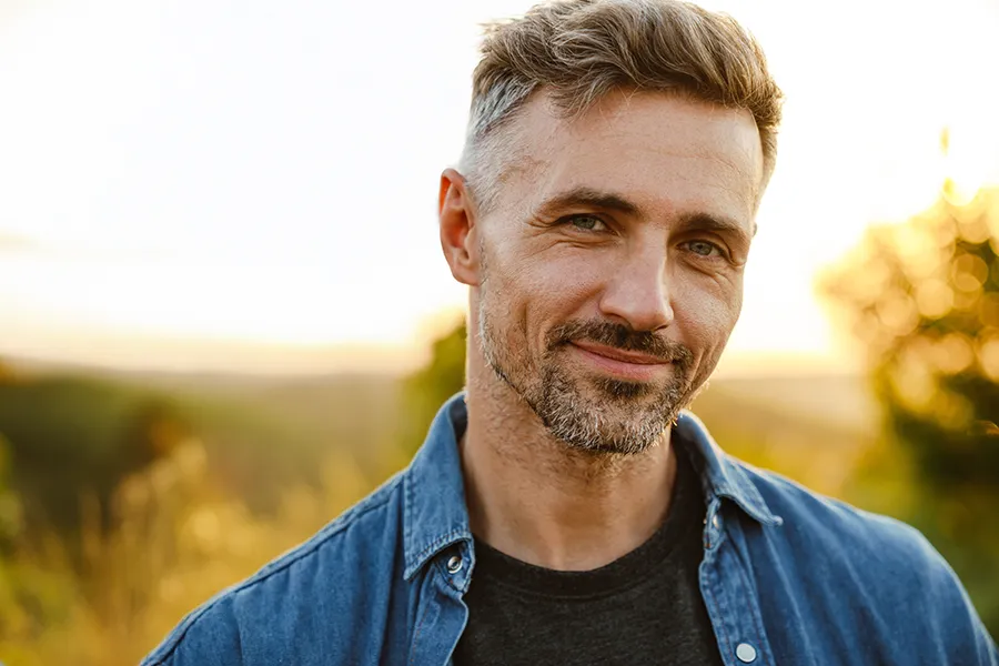 A middle-aged man with a full head of hair standing outside. Schedule FUT (Follicular Unit Transplantation) treatment from Dr. Hadi Michael Rassael at Millennium Wellness in Bethesda-Chevy Chase.