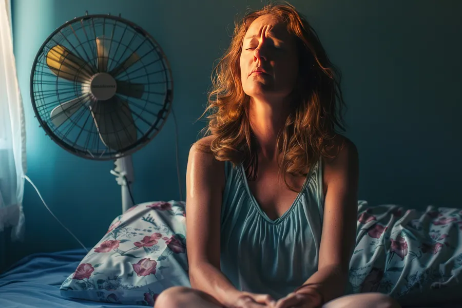 A middle-aged red-haired woman sits in bed sweating with a fan behind her, unable to sleep. Get treatment for hot flashes and night sweats from Dr. Hadi Michael Rassael at Millennium Wellness in Bethesda-Chevy Chase.
